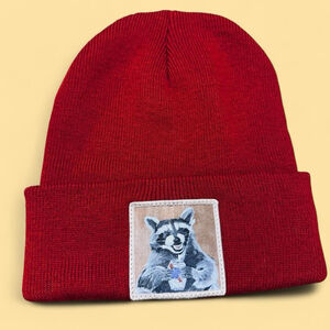 FLYN HATS Red Knit Beanie Raccoon Beer Patch Cuffed Winter Hat Unisex RARE